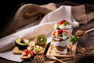 Healthy layered dessert with yogurt