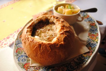 Traditional Polish dish jurek served in bread