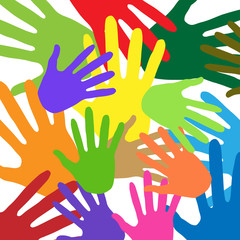 Background of multi-colored prints of hands. Colored palms. Vector illustration.
