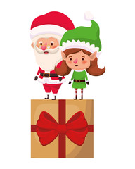santa claus and elf woman with gift box