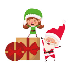 santa claus and elf woman with gifts boxs