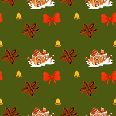 christmas gingerbread house cinnamon, bow and bell pattern
