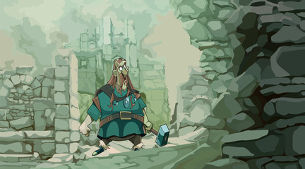 cartoon man in medieval clothes with a hammer stands in ruins © westamult