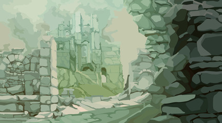 painted medieval stone ruins in a fog of gray green tones