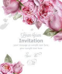 Peony flowers watercolor Vector. Invitation card, wedding ceremony, delicate postcard, Women day greeting card. Beautiful pastel colors