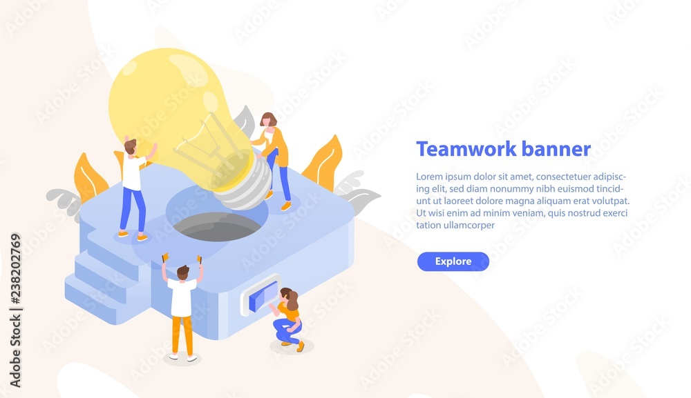 Aufkleber Web page template with group of people putting giant lightbulb into light fixture and place for text. Teamwork or collective work. Colorful isometric vector illustration for advertisement, promotion.
