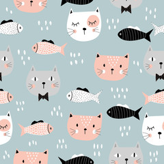 Seamless pattern with funny kittens and fish. Children's illustration. For printing on children's clothes. Hand-drawn. - 238202951