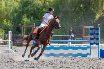 Young horse rider girl galloping on her course