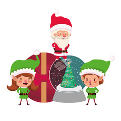 couple of elves and santa claus with gifts boxs