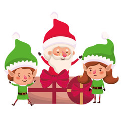couple of elves and santa claus with gifts boxs