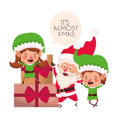 couple of elves and santa claus with gifts boxs