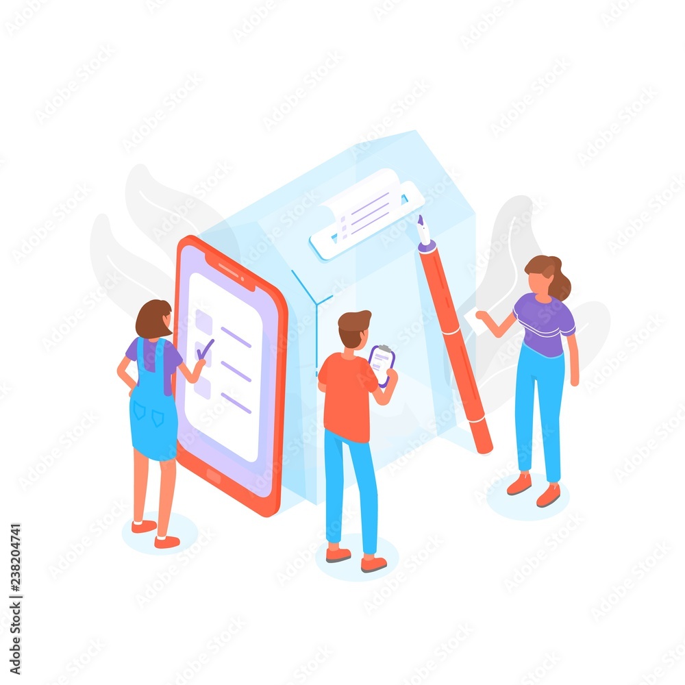 Aufkleber modern composition with people standing beside giant ballot box at polling station and voting or tak