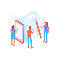 Modern composition with people standing beside giant ballot box at polling station and voting or taking part in political election process. Trendy creative colorful isometric vector illustration.