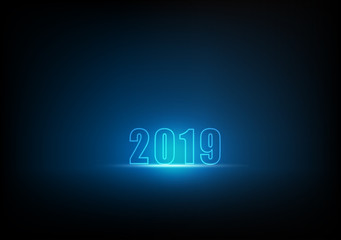 2019 New year with abstract technology background, Year changing on blue screen display, Vector illustration