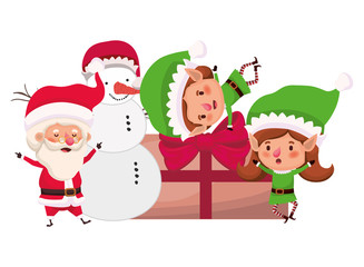 couple of elves and santa claus with snowman