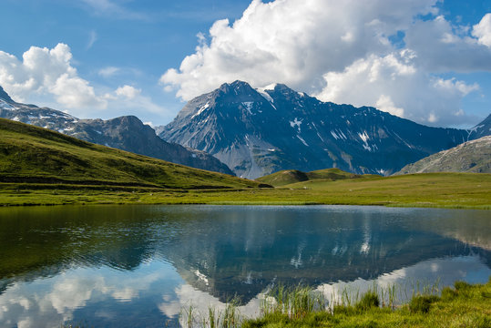 Summer view of  the lake Plan at the base of mount Grande Casse. France, Savoie, Parc National de la Vanoise (National park of Vanoise), French Alps