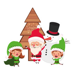 couple of elves and santa claus with snowman