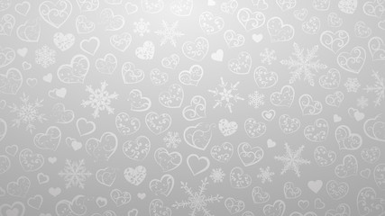 Fototapeta premium Background of snowflakes and hearts with ornament of curls, in gray colors