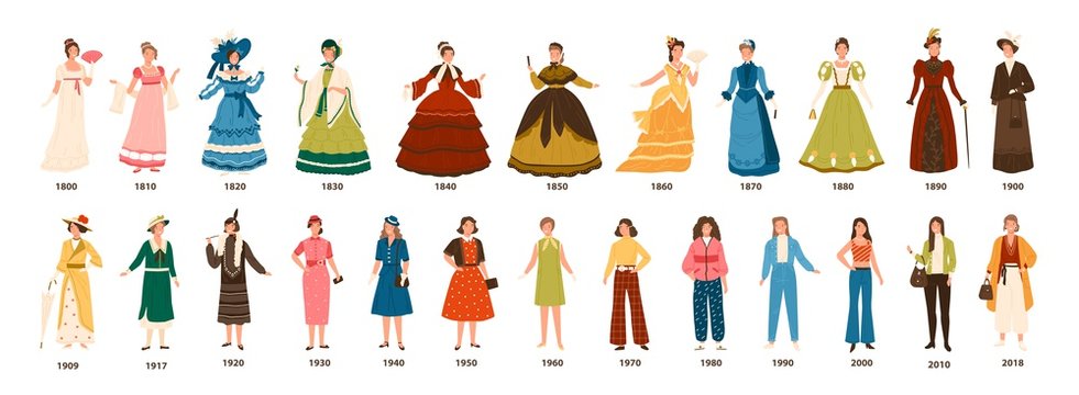 History of fashion. Collection of female clothing by decades. Bundle of pretty women dressed in stylish clothes isolated on white background. Colorful vector illustration in flat cartoon style.