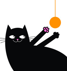 Black happy cat play with yellow ball. Trendy black cat on white background vector illustration. Happy black cat sticker.