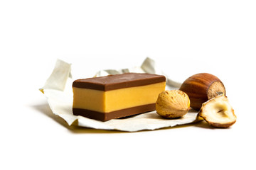 Hazelnut chocolate bars isolated on white