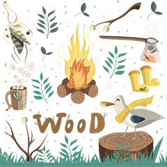 Vector set of camping elements. Drink cocoa with marshmallows near the fire.