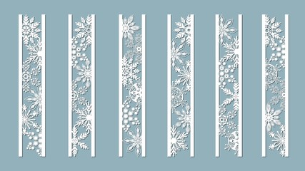Ornamental panels with snowflake pattern. Laser cut decorative lace borders patterns. Set of bookmarks templates. Image suitable for laser cutting, plotter cutting or printing. serigraphy.