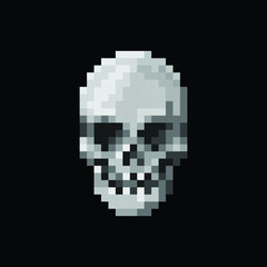 Pixel skull logo vector illustration on black background. Game old style skull illustration.