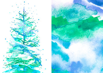 Watercolor fir, pine with snow, snowdrift on a white isolated background. Picture of a pine forest, a blue silhouette of trees. Christmas tree isolated. Winter landscape.