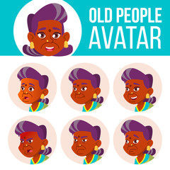 Indian Old Woman Avatar Set Vector. Hindu. Asian. Face Emotions. Senior Person Portrait. Elderly People. Aged. Facial, People. Active, Joy. Cartoon Head Illustration