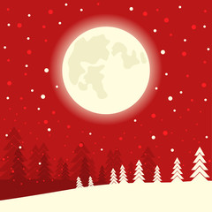 Red Christmas card background on winter moon night. Vector illustration