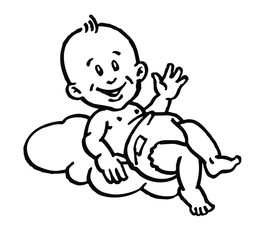baby boy lying on a cloud and waving his hand black and white
