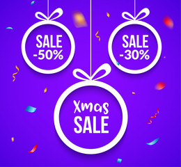 Christmas balls sale. Special offer vector tag. New year holiday card template. Shop market poster design