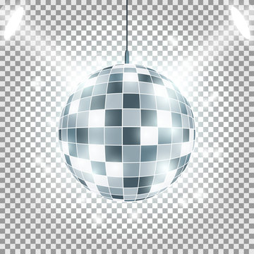 Disco ball with light rays on transparent background. Spotlights Effect. Vector image.