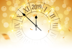 Fototapeta na wymiar New Year 2019 golden shiny bokeh background poster with clock and confetti. Vector festive christmas card
