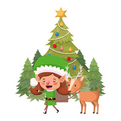 Fototapeta premium elf woman with reindeer and christmas tree