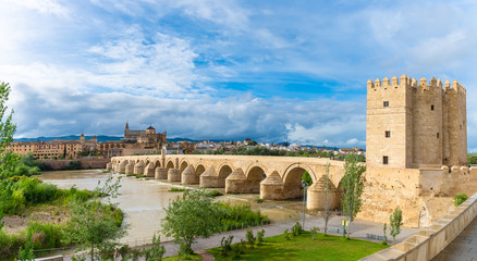 Landscape with Roman bridge and Calahorra Tower in Cordoba, Spain