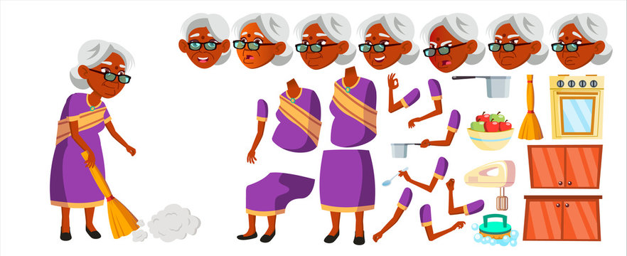 Indian Old Woman Vector. Hindu. Asian. Senior Person Portrait. Sari. Elderly People. Aged. Animation Creation Set. Face Emotions, Gestures. Beautiful Retiree. Life Design. Animated. Illustration