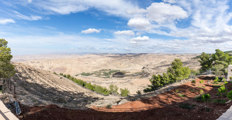 Panoramic  view from Mount Nebo on the Jordanian landscape near the city of Madaba in Jordan