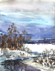 winter river snow watercolor