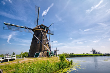 view of traditional windmills in Kinderdijk, The Netherlands.