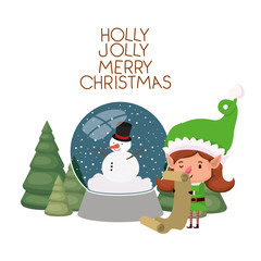 elf woman with gift list and christmas tree