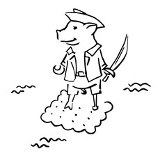 anthropomorphic cartoon pigglet pirat and cookie in the sea