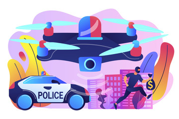 Police car and drone tracking thieve in mask with money and crime scene. Law enforcement drones, police drone use, smart city IoT tools concept. Bright vibrant violet vector isolated illustration