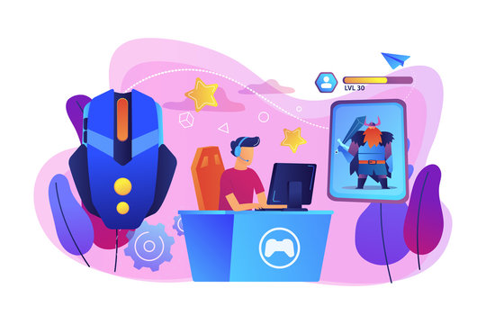 Gamer plays role-playing game online and hero avatar in fantasy world. MMORPG, massive multiplayer game, role-playing online games concept. Bright vibrant violet vector isolated illustration