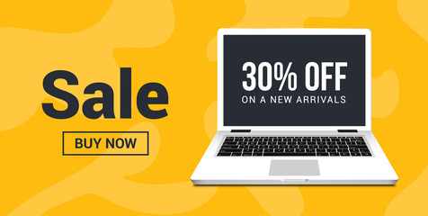 New arrival sale market advertising design with laptop. Discount offer banner on new arrivals