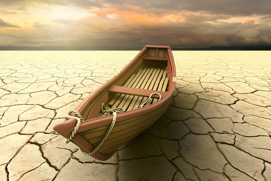 3D rendering of a conceptual representation of a drought with a boat on a dry lake