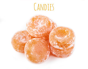 Colored round candy in powdered sugar. Bright candy.