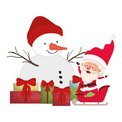 santa claus with snowman and gift boxes