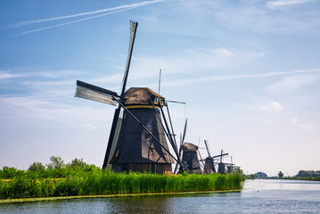 view of traditional windmills in Kinderdijk, The Netherlands.